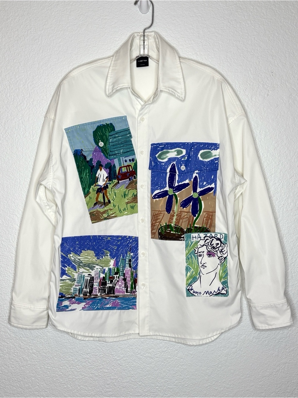 Graphic Panel White Button-Up Shirt Jacket